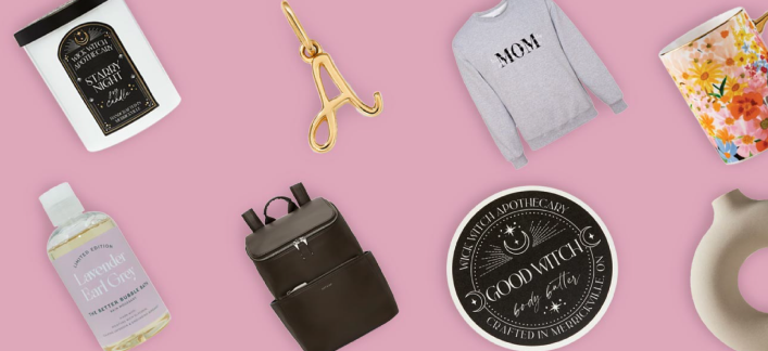 An array of gift products. Depicts a curated self-care collection of clothing, home goods, and artisanal works.