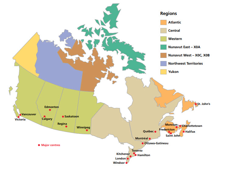 A map of Canada indicating Canada Post shipping regions.